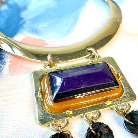 Chico’s Boho Statement Collar Necklace Blue Stone Tassel Pendant - Picture 3 of 6